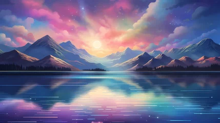 Foto op Plexiglas lake with mountains landscape illustration abstract art decorative painting background © jinzhen