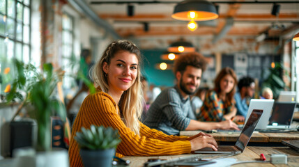 A dynamic group of young entrepreneurs and content creators in their bustling office space. With laptops open, ideas flowing, and teamwork evident, the scene epitomizes the essence of entrepreneurship