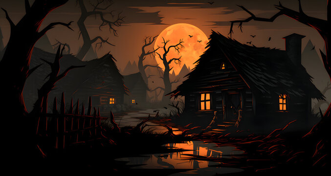 a dark painting of a house with full moon in the sky
