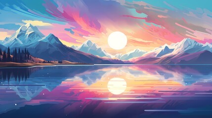 Fototapeta na wymiar lake with mountains landscape illustration abstract art decorative painting background