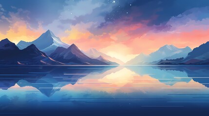 lake with mountains landscape illustration abstract art decorative painting background