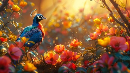 A peacock is perched amidst colorful flowers in a natural landscape