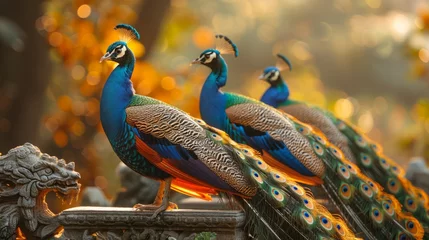 Deurstickers Three vibrant electric blue peacocks perched together on a fence © yuchen