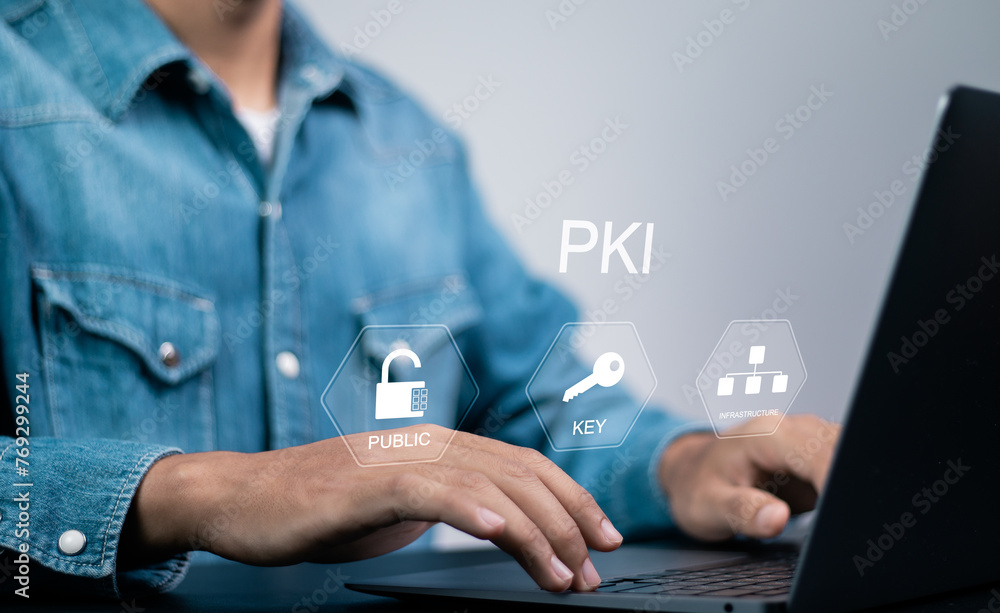 Poster okr objectives, key and results concept. businessman using laptop with okr icon on virtual screen fo