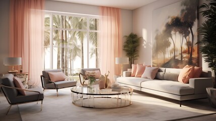  Chic Hollywood Regency bedroom featuring delicate peach hues, luxurious textures, and modern furniture, A lavish Hollywood Regency master bedroom with opulent peach decor, contemporary furnishings,