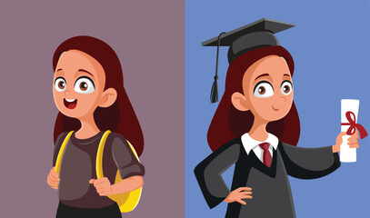 Female Student Before and After Graduation Vector Illustration. Cheerful graduate girl holding her diploma finishing high school
