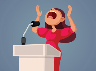 Motivational Coach Speaking Loudly in Public Vector Illustration. Woman speaking loud in a microphone having lead charisma 
