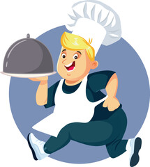 Funny Chef Running with plate Food delivery Concept Vector. Cook hurrying with meal order being fast in service 
