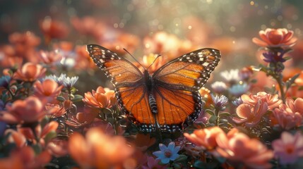 A butterfly, a pollinator arthropod, rests on flowers in a natural landscape