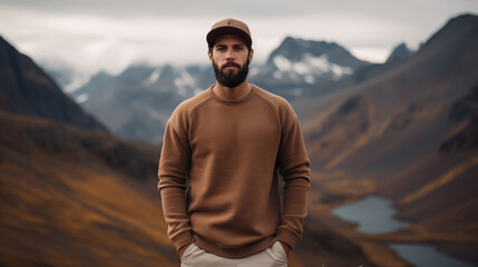 Outdoor adventurer on mountain summit, clad in a sweater