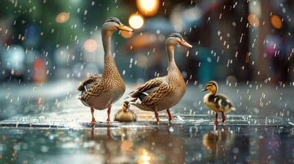 A family of ducks waddling along a wet city sidewalk their vibrant feathers reflecting the falling raindrops.