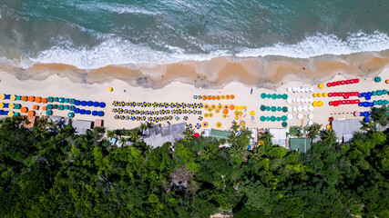 Aerial view of Madeiro beach, Tibau do Sul, Natal, Rio Grande do Norte, Brazil. Sunshade top view