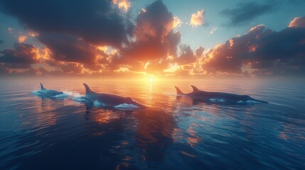 Three killer whales swim at dusk in the ocean under a cloudfilled sky - obrazy, fototapety, plakaty