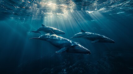 Three humpback whales gracefully swim in the electric blue waters of the ocean