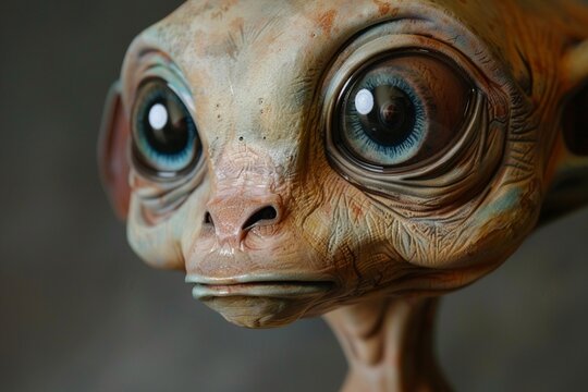 A close-up of a lifelike alien figure with large captivating eyes