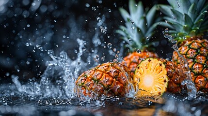 A group of pineapples hitting the water surface - obrazy, fototapety, plakaty