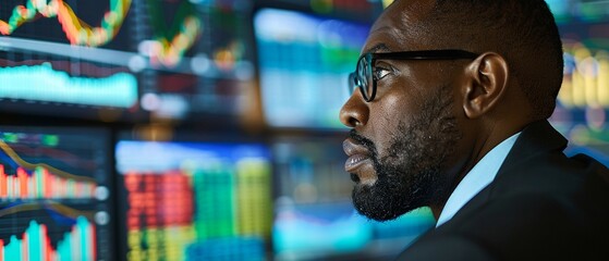 A man in business attire concentrating on multiple computer screens displaying colorful financial charts and data analytics. - obrazy, fototapety, plakaty