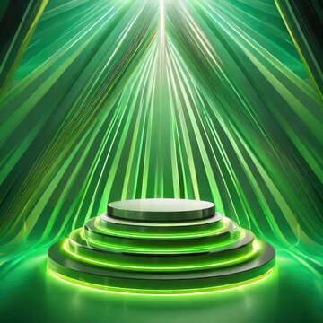 3d render of a stage with spotlight.a sleek podium illuminated by vibrant neon green light rays emanating from the background, creating a striking visual effect. Utilize modern materials and clean lin