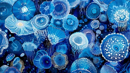 An array of circular patterns resembling jellyfish in various shades of blue - obrazy, fototapety, plakaty