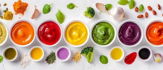 An assortment of colorful pureed baby foods in white bowls