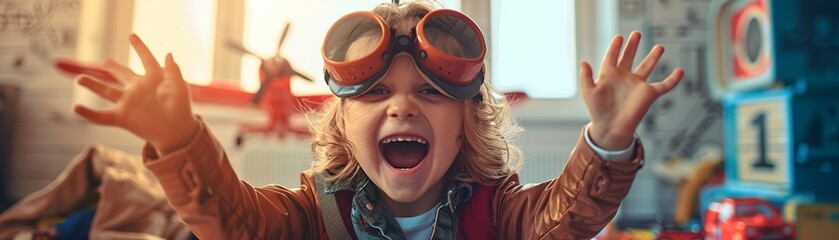 An excited young child wearing pilot goggles imagines flying a plane