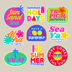 Set of girl fashion patches, colorful cute cartoon badges, fun stickers design for summer holidays concept. © NTRdesign