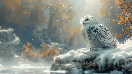 Poster Bird of prey, snowy owl perches on snowcovered rock near lake © yuchen