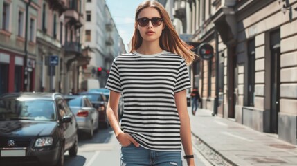 Obraz premium Stylish black and white striped tshirt mockup on a model walking down a city street. Ideal for promoting your streetwear line.