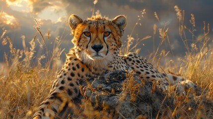 a cheetah is laying in the grass looking at the camera - Powered by Adobe
