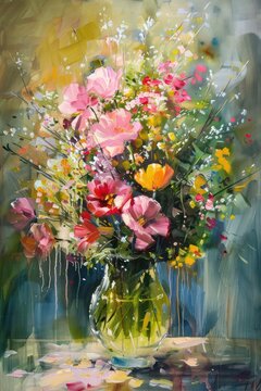 oil painting shows colorful blooming flowers at spring in the garden, the rough canvas texture resembles the strokes of a palette knife