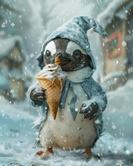 Clad in snug pajamas, a penguin savors a cone of ice cream, blending elements of cold climates with the sweet delight of dessert, set in a whimsical, frosty landscape