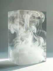 Glass box containing swirling vapor, framed in minimalist style, crisp focus, cool tones, serene mood