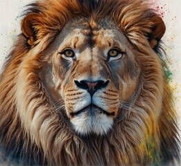 Fototapeta premium Portrait of a lion on a background of a painted wall.