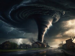 a tornado, with swirling winds and debris swirling around a dark funnel cloud, depicting the immense force and destructive nature of the storm