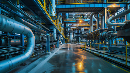 A large industrial building with pipes and machinery. Scene is industrial and mechanical. The idea of the image is to show the complexity and scale of a large industrial facility - Powered by Adobe