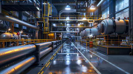 A large industrial building with pipes and machinery. Scene is industrial and mechanical. The idea of the image is to show the complexity and scale of a large industrial facility