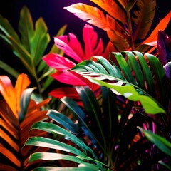 Tropical leaves in bright neon color with black background, abstract texture wallpaper