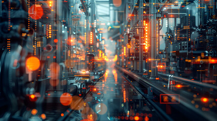 Fototapeta premium XAI Mechanized industry of future factory double exposure image, Concept of robotics technology for industrial revolution and automated manufacturing process, Generative Ai
