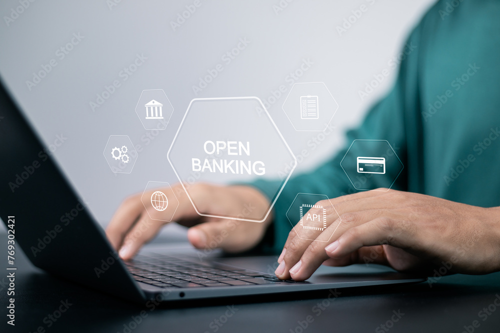 Poster open banking financial technology fintech concept. api financial technology, fintech. person using l