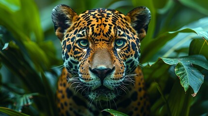 a close up of a jaguar in the jungle looking at the camera
