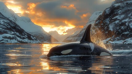 A killer whale gracefully swims in the liquid with mountains in the backdrop