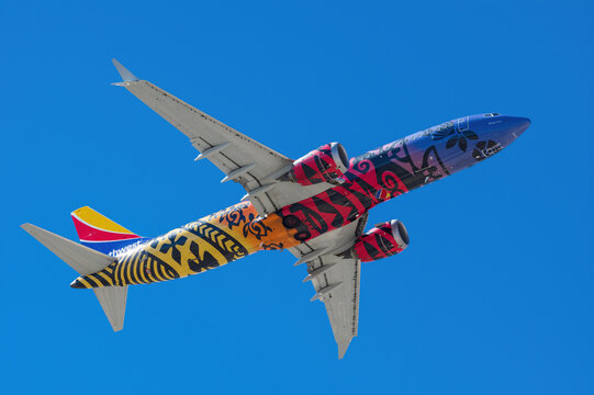 Southwest Airlines Boeing 737 Max 8 aircraft, N8710M, Imua One livery shown leaving from LAS, Harry Reid International Airport, Las Vegas, Nevada, March 4, 2024.
