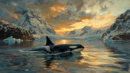A killer whale painting in the fluid ocean with sky and clouds - Powered by Adobe
