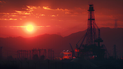 A sunset over a mountain range with a large oil rig in the foreground. The sky is orange and the sun is setting