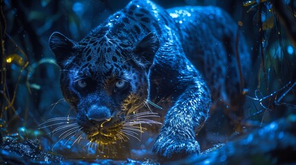 Blue leopard, a Felidae carnivore, prowls dense woods at night