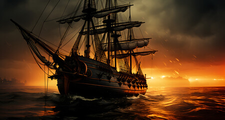 a ship on the ocean in an orange sunset - obrazy, fototapety, plakaty