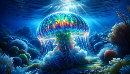 Fototapeta na wymiar A vibrant and luminous jellyfish with a rainbow-hued bell glows ethereally in an underwater scene, surrounded by the rich textures of marine life basking in the rays of light filtering through the oce