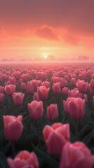 Field of tulips in bloom, sunrise, Holland landscape