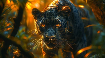 Tuinposter a black panther is walking through a lush green forest © yuchen