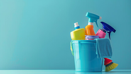 Cleaning products in bucket on blue background - obrazy, fototapety, plakaty